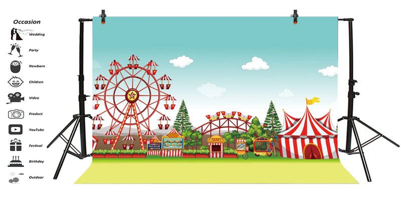 Yeele 10x8ft Fairground Photo Backdrop Cartoon Circus Carnival Playground Carousel Ferris Wheel Ticket Amusement Park Background for Photography Kids Girl Boy Baby Portrait Booth Shoot Studio Props - Image 2